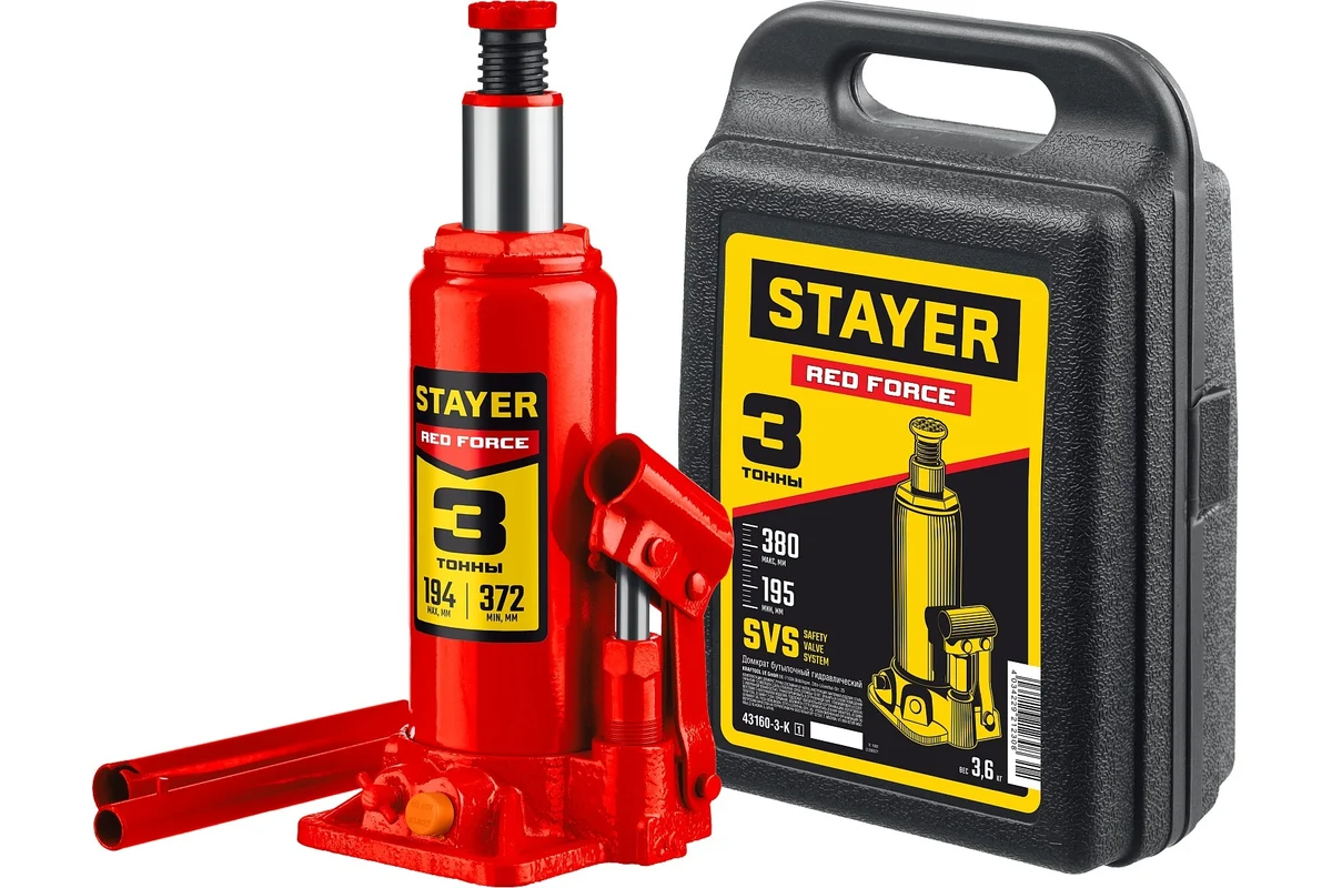 Бутылочный гидравлический домкрат STAYER Red Force 3т, 194-372 мм в кейсе 43160-3-K_z01