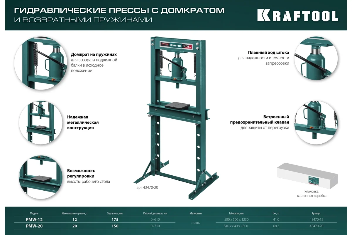 Пресс гидравлический KRAFTOOL PMW-12 с домкратом и возвратными пружинами 12 т 43470-12