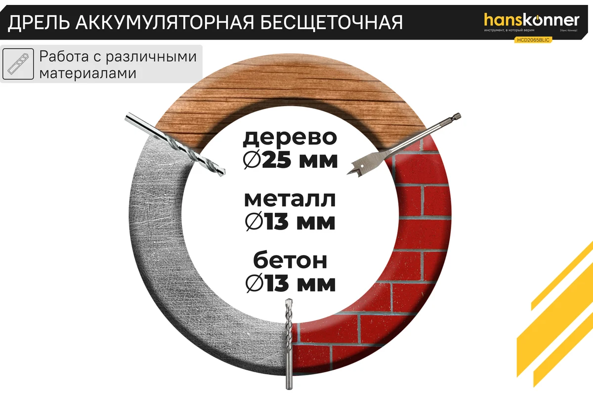 Аккумуляторный шуруповерт Hanskonner 1BatterySystem HCD2065BLIC