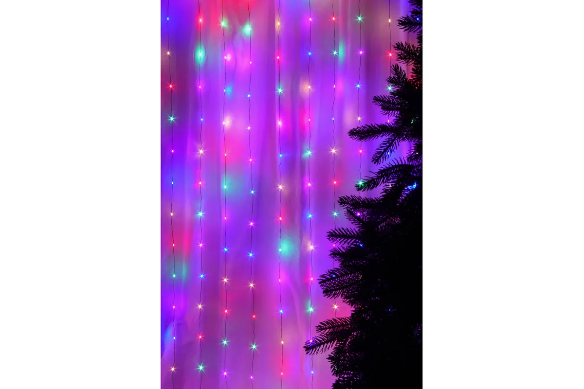Гирлянда электрическая Сноубум занавес нить 200 LED, 2х2м, 10 нитей, мульти, 8 реж, медь, 220В (12V) 382-092
