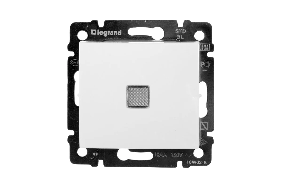 Переключатель Legrand одноклавишный с подсветкой Legrand Valena 10А 250В схема 6L безвинтовые зажимы белый 774426