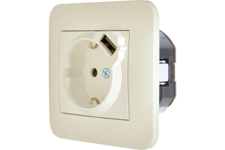 Розетка Lezard ASTI с заземлением и USB, кремовая 7081-0303-181
