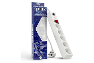 Удлинитель с сетевым фильтром TOKOV ELECTRIC 5x1.8м с заземл. с выкл. 16а с защ. от скачков напр. и перегрузок 3x1 бел. TKE-C01-SF5-1.8-ZV