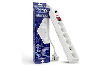 Удлинитель с сетевым фильтром TOKOV ELECTRIC 6x1.8м с заземл. с выкл. 16а с защ. от скачков напр. и перегрузок 3x1 бел. TKE-C01-SF6-1.8-ZV