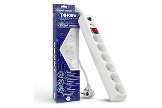 Удлинитель с сетевым фильтром TOKOV ELECTRIC 6x5м с заземл. с выкл. 16а с защ. от скачков напр. и перегрузок 3x1 бел. TKE-C01-SF6-5-ZV