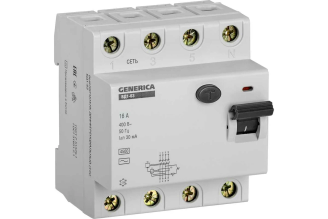 Дифференциальный выключатель GENERICA УЗО ВД1-63 MDV15-4-016-030, 4Р, 16 А, 30 мА