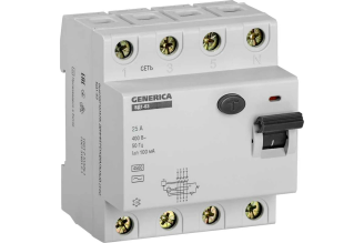 Дифференциальный выключатель GENERICA ВД1-63 4Р 25 А 100 мА MDV15-4-025-100