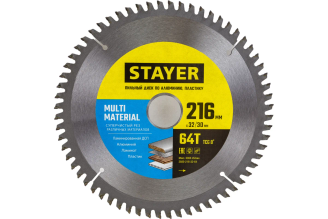 Пильный диск по алюминию STAYER Multi Material 216x32/30 мм, 64Т, супер чистый рез 3685-216-32-64