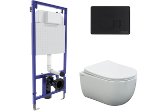 Комплект для монтажа подвесного унитаза Berges: инсталляция novum525, кнопка d5 черная soft touch, унитаз ventas rimless, сиденье дюропласт ventas slim so, микролифт, быстросъем 043238